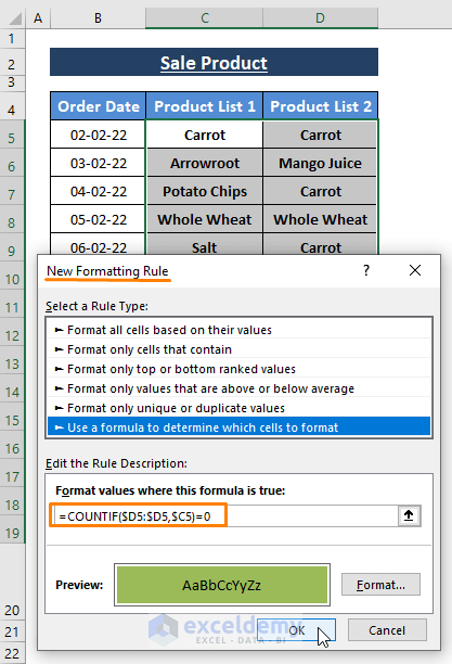 Formula 2- Conditional Formatting-1-Compare Two Cells and Change Color in Excel