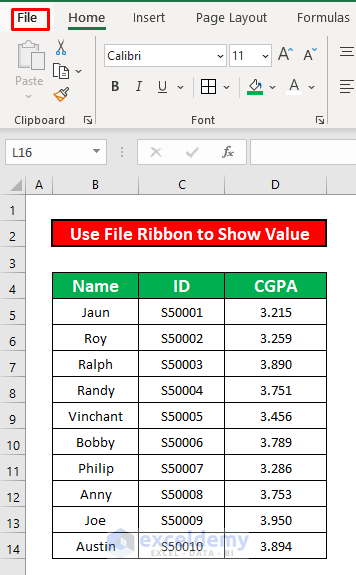 Use the File Ribbon Option to Fix Formula Bar Shows Different Value Than Cell