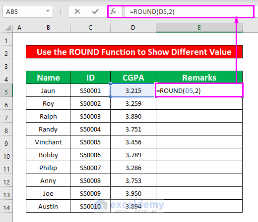 Insert the ROUND Function Solve Formula Bar Shows Different Value Than Cell Error in Excel