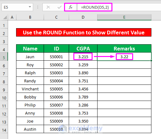 Insert the ROUND Function Solve Formula Bar Shows Different Value Than Cell Error in Excel