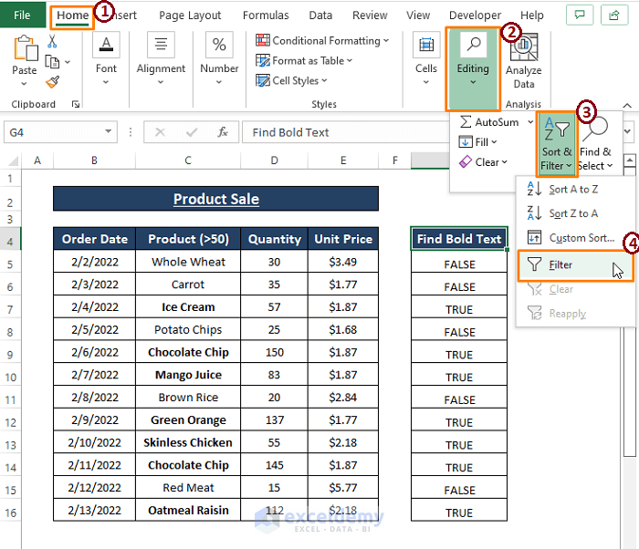 Selecting Filter-Formula to Find Bold Text in Excel