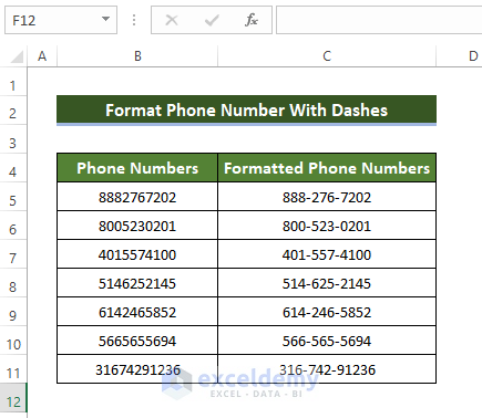 Format Phone Number With Dashes in Excel 