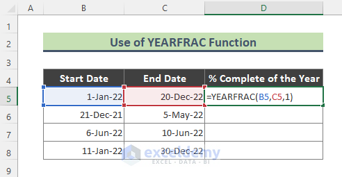 Apply YEARFRAC Function to Find Percentage of Year in Excel