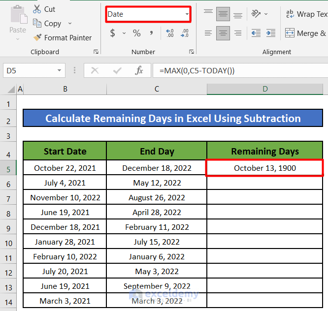 Calculate Remaining Days Using the Subtraction