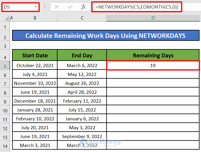 Using the NETWORKDAYS Function in to Calculate Remaining Work Days in a Month 