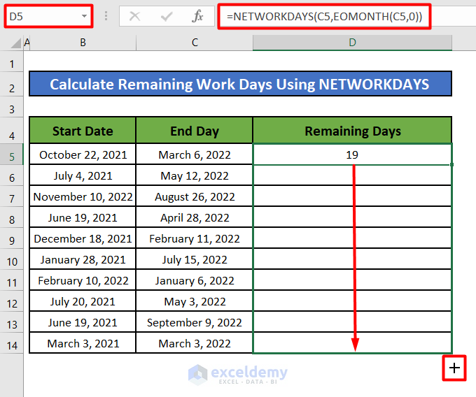 Using the NETWORKDAYS Function in to Calculate Remaining Work Days in a Month 