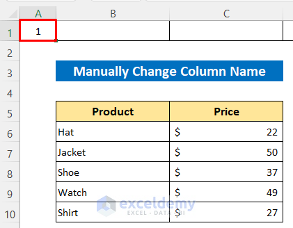 Manually Change Column Name in Excel from Number to Alphabet