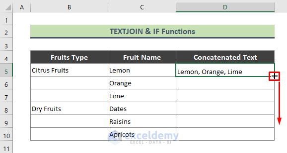 IF and TEXTJOIN Functions to Concatenate Multiple Rows in Excel