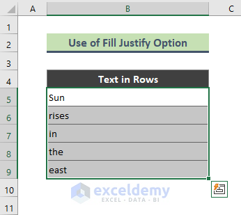 Fill Justify Command to Join Rows in Excel