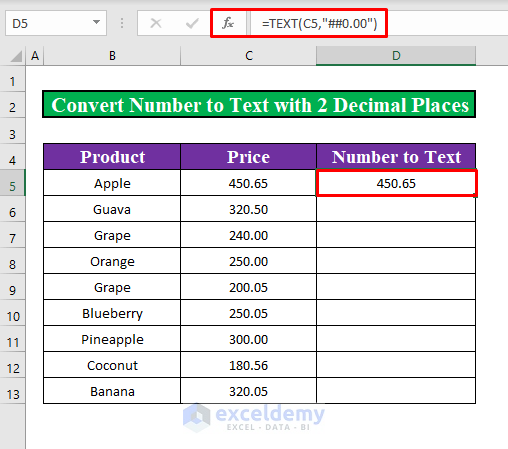 Convert Number to Text with 2 Decimal Places Using the TEXT Function in Excel