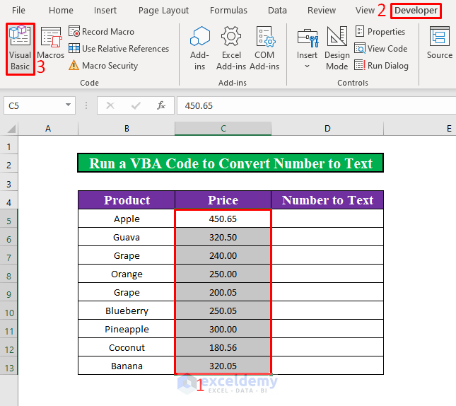 Run a VBA Code to Convert Number to Text with 2 Decimal Places in Excel