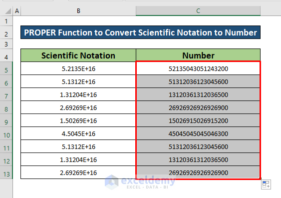 Apply the PROPER Function to Convert Scientific Notation to Number in Excel 