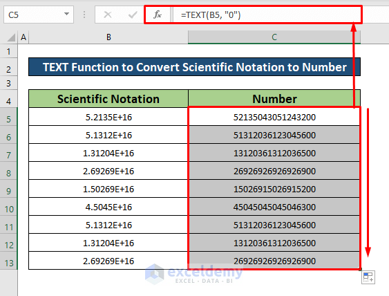Use the TEXT Function to Convert Scientific Notation to Number in Excel 