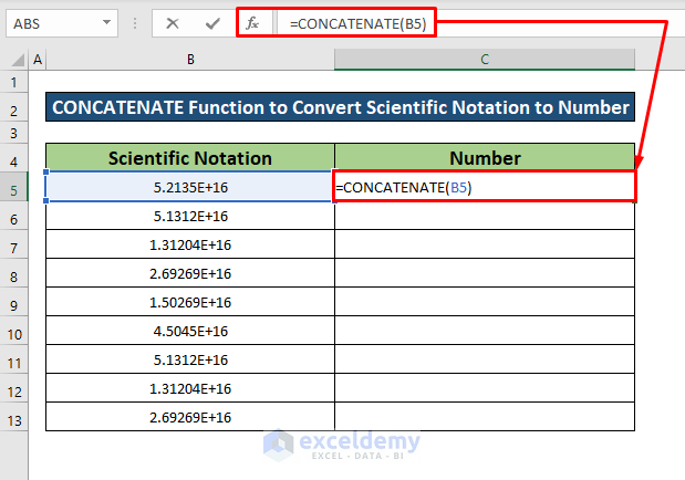 Apply the CONCATENATE Function to Convert Scientific Notation to Number in Excel 