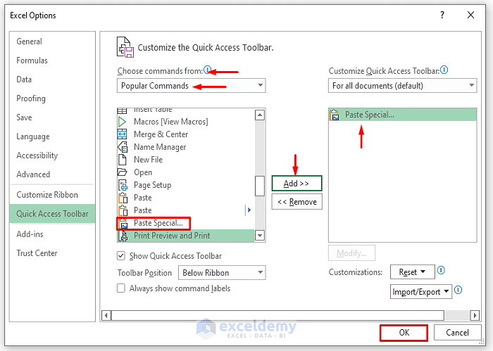 Apply Quick Access Toolbar to Paste Values without Formulas