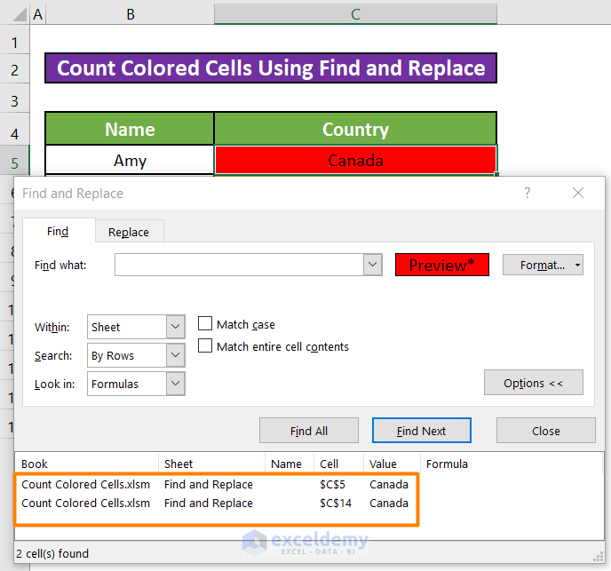 Count Coloured Cells Using the Find & Replace Tool in Excel