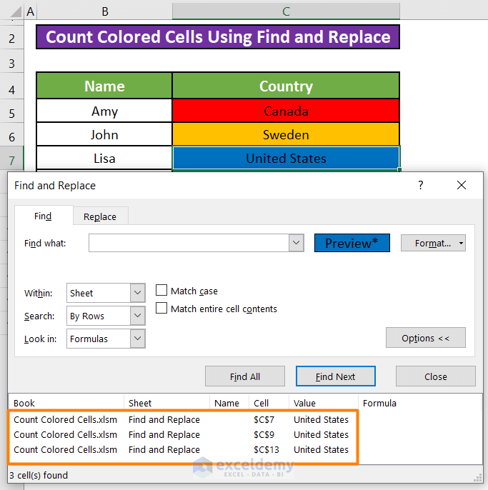 Count Coloured Cells Using the Find & Replace Tool in Excel