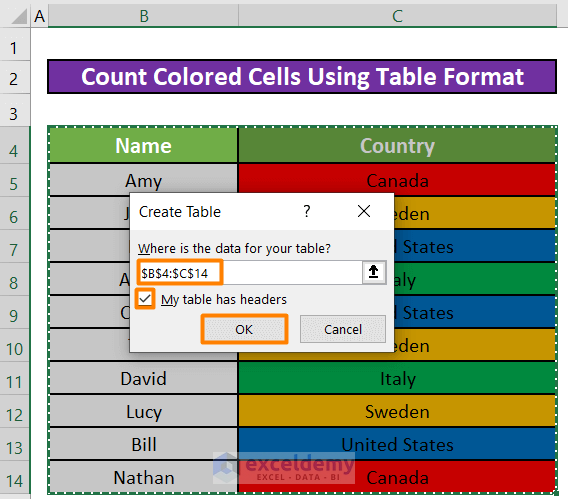 Apply the Table Filter to Count Coloured Cells in Excel