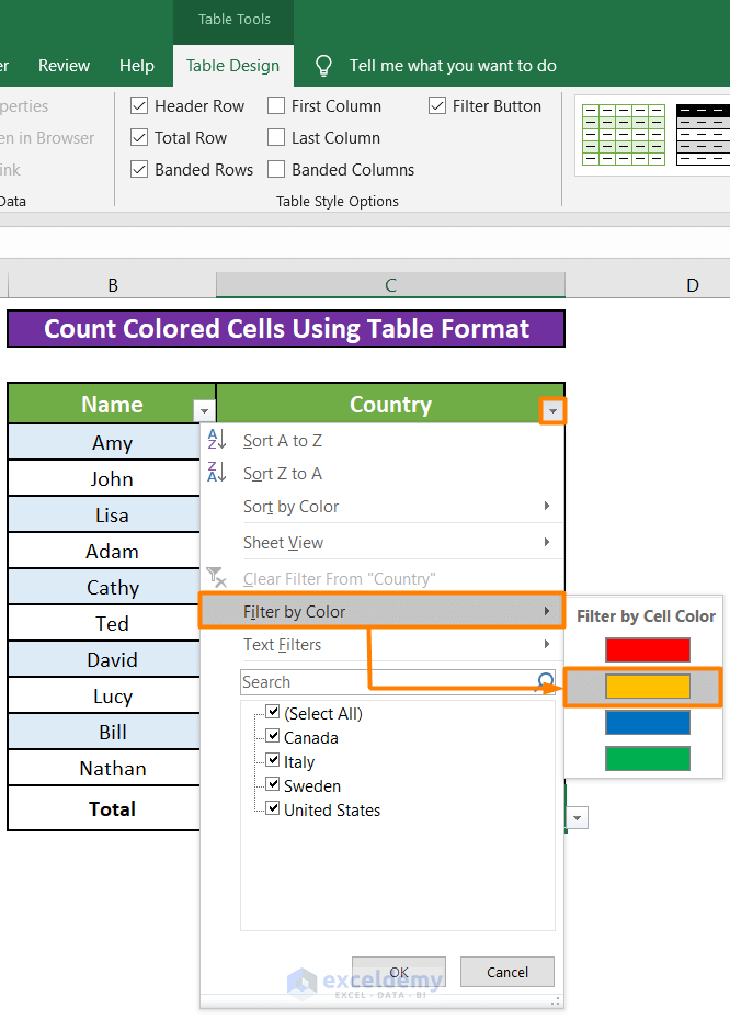 Apply the Table Filter to Count Coloured Cells in Excel