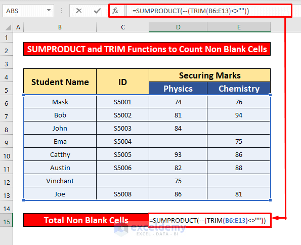 Merge the SUMPRODUCT and TRIM Functions to Count Non Blank Cells in Excel
