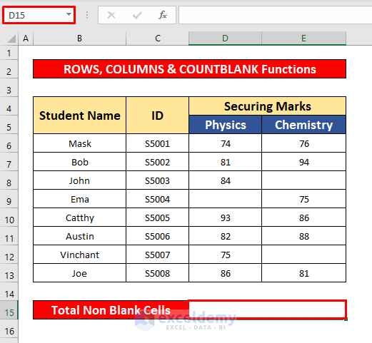 Combine the ROWS, COLUMNS, and COUNTBLANK Functions to Count Non Blank Cells in Excel