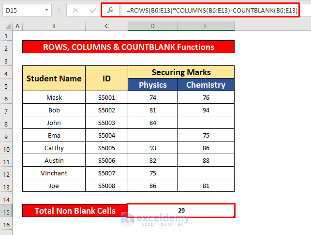 Combine the ROWS, COLUMNS, and COUNTBLANK Functions to Count Non Blank Cells in Excel