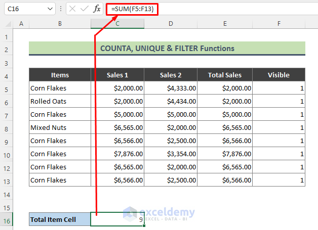 Combination of COUNTA, UNIQUE, and FILTER Functions to Calculate Unique Visible Cells