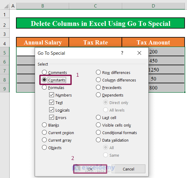  Select Constants From Go To Special Menu in Excel