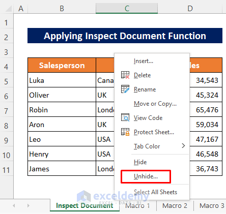 Remove Hidden Sheets Applying Inspect Document Function in Excel