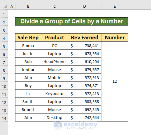 divide a group of cells by a number in excel
