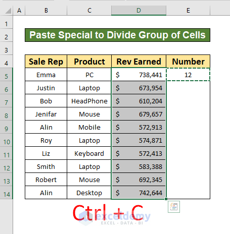 Use the Paste Special Command to Divide a Group of Cells by a Number in Excel