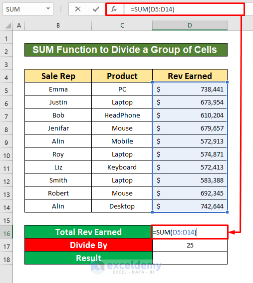 Apply the SUM Function to Divide a Group of Cells by a Number in Excel