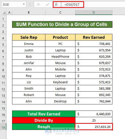 Apply the SUM Function to Divide a Group of Cells by a Number in Excel