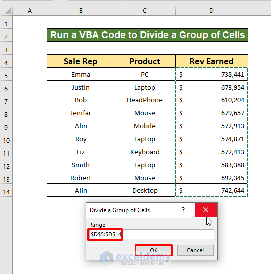 Run a VBA Code to to Divide a Group of Cells by a Number in Excel