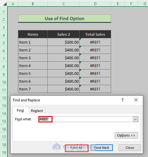 Excel Find Option to Search Reference (#REF!) Errors