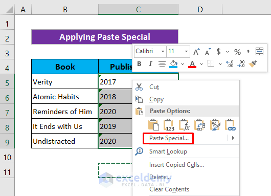Apply Paste Special to Fix Convert to Number Error in Excel