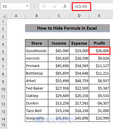 Hide Formula in Excel by Formatting Cells
