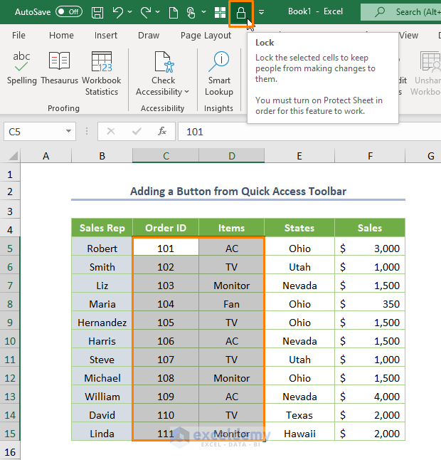 How to Lock Multiple Cells in Excel Adding a Button from Quick Access Toolbar