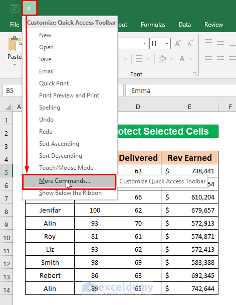 Add a Button from Quick Access Toolbar to Protect Selected Cells in Excel