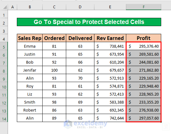 Apply the Go To Special Command to Protect Selected Cells in Excel