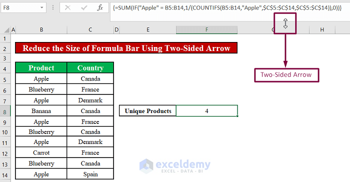 how to reduce the size of formula bar in excel