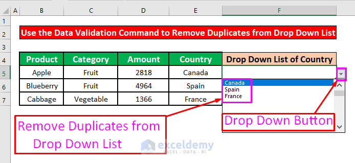 Use the Data Validation Command to Remove Duplicates from Drop Down List in Excel
