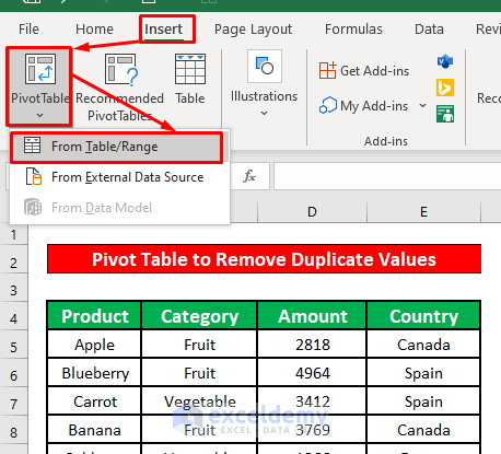 Create a Pivot Table to Remove Duplicates from Drop Down List in Excel