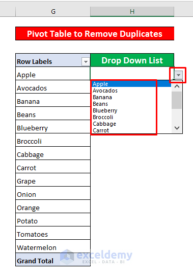 Create a Pivot Table to Remove Duplicates from Drop Down List in Excel