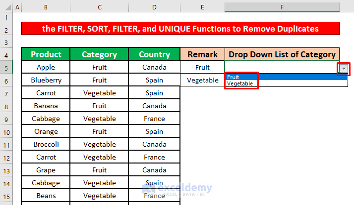 Combine the SORT, FILTER, and UNIQUE Functions to Remove Duplicates from Drop Down List in Excel