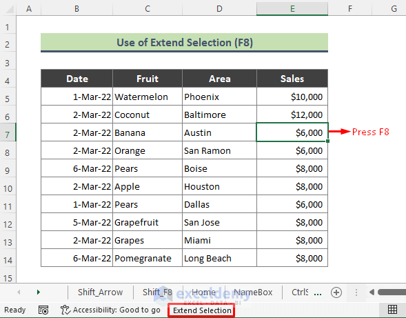 Use Extend Selection (F8) in Excel to Select Multiple Cells