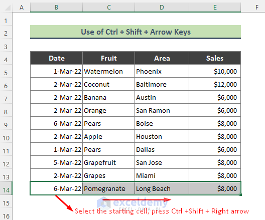 Use Ctrl + Shift + Arrow Keys to Specify Multiple Contiguous Excel Cells