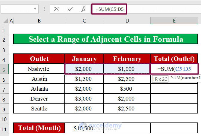 Select a Range of Adjacent Cells in Excel Formula