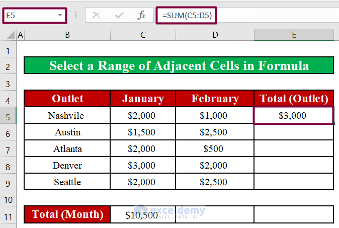 Select a Range of Adjacent Cells in Excel Formula