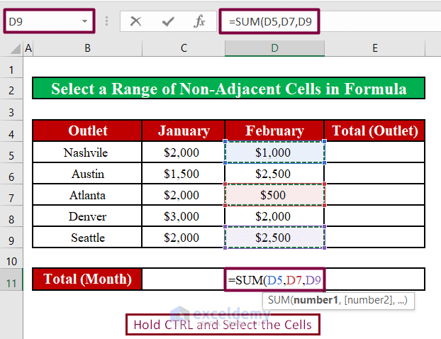 Insert a Range of Non-adjacent Cells in Excel Formula